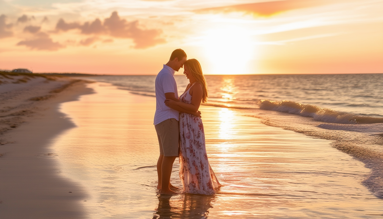 A couple sharing a romantic moment at sunset on Hi